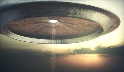3D illustratie van UFO. Buitenaards ruimtevaartuig dat buitenaardse wezens naar de grond teleporteert.