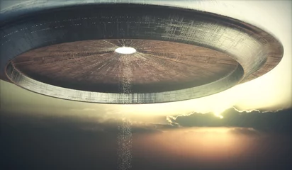 Zelfklevend Fotobehang Thema 3D illustratie van UFO. Buitenaards ruimtevaartuig dat buitenaardse wezens naar de grond teleporteert.