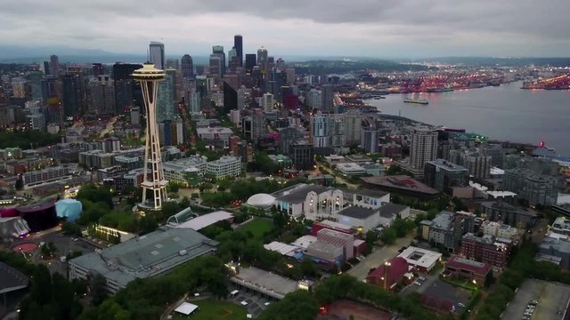 Seattle in morning twilight aerial hyperlapse zooming out