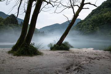 misty confluence of Soca and Tolminka river in Slovenia