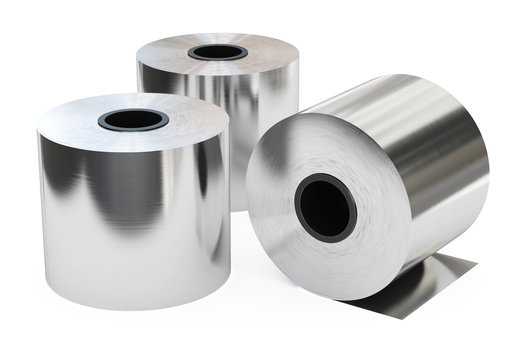 Steel sheets in rolls. Warehouse of steel rolls, isolated on white background, clipping path. 3d illustration.