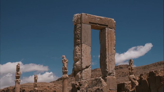 Timelapse of ancient ruins with clouds passing by in Persepolis, Iran