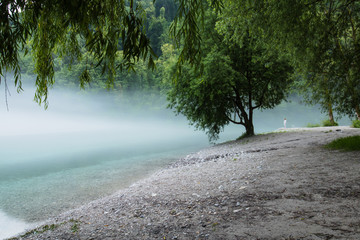 misty confluence of Soca and Tolminka river in Slovenia