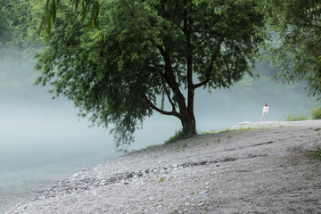 misty confluence of Soca and Tolminka river in Slovenia