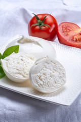 Fresh soft white burrata, ball buttery cheese, made from a mix of mozzarella and ricotta cream, original from Apulia region, Italy, very popular soft cheese in USA