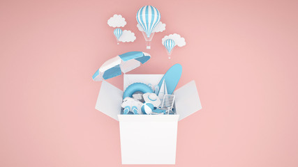 The water play equipment in the box and balloon on pink background - Artwork for Summer season or balloon festival - 3D illustration
