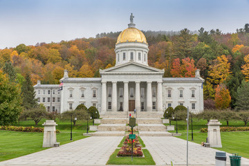 Vermont State House and Golden Dome in Montpelier Vermont With Backdrop of Autumn Colors