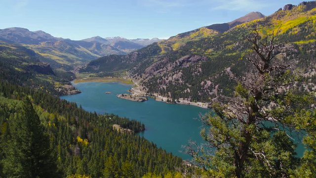 Lake San Cristobal Sunny Day, Colorful Autumn Foliage, low angle Tracking along ground