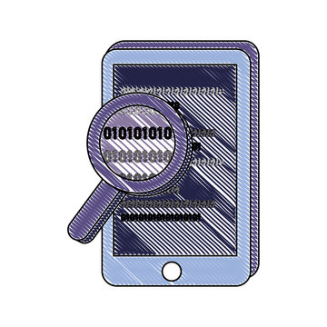 grated smartphone and magnifying glass with code program