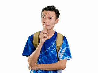 Young man traveller happy smile in studio portrait.