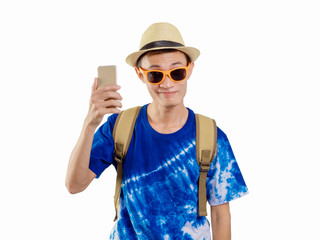 Fun face tourist man backpack boy blue shirt portrait.