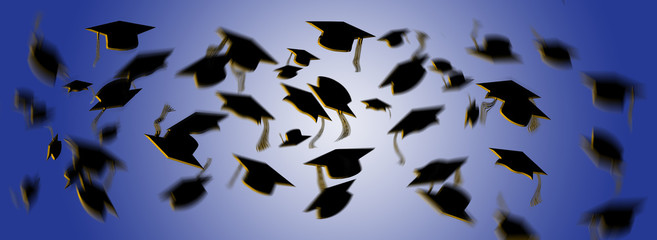 Graduation caps are flying in this illustration about graduation day.