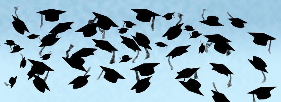 Graduation caps are flying in this illustration about graduation day.