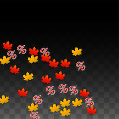 Vector Percentage Sign and Autumn Leaves Confetti on Transparent Background. Percent Sale Background. Business, Economics, Finance Print. Discount Illustration. Promotion poster. Black Friday Banner. 