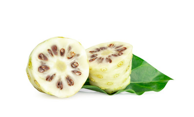 Fototapeta na wymiar Noni or Morinda Citrifolia fruits slice with leaf isolated on white background