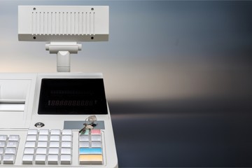Cash register with LCD display on background