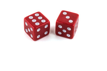 Two red dice closeup, isolated on white background, six and three