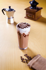 ice chocolate latte on a wooden table