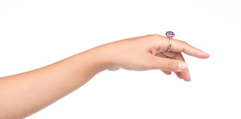 Show ring on finger isolated on white background