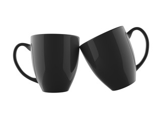 Two Shiny and Black Coffee Mug Mockup 3D Rendered and Isolated Without Shadow in White Background with Left Mug Standing and Right Mug in Oblique Angled Position in Close Up View