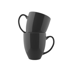 Two Shiny and Smooth Surface Black Colored Bistro Coffee Cup Mockup 3D Render Stacked and Isolated in White Facing Camera In Close Up View