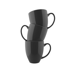 Triple Black Colored and Glossy Finish 3D Rendered Bistro Mug Mockup Stacked and Isolated in White Background In Straight Front Close Up Camera