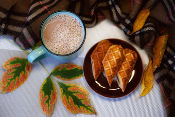 Cocoa with milk in a ceramic mug and waffle cakes, surrounded by a checkered scarf and autumn leaves