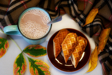 Cocoa with milk in a ceramic mug and waffle cakes, surrounded by a checkered scarf and autumn leaves