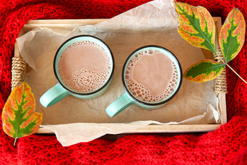 Two ceramic mugs with cocoa and milk, in a wooden box, surrounded by a red knitted scarf