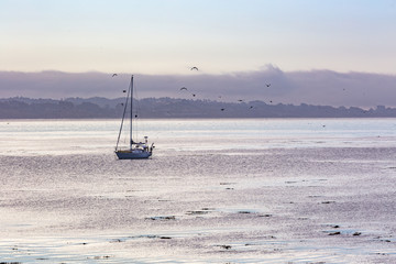 Sail boat at anchor on Monterey Bay Capitola 