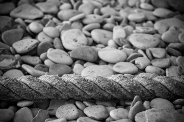 old marine rope on the pebble beach