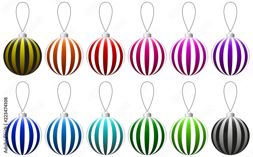 Poster Set of colorful glass Christmas balls with striped pattern on the string. Vector EPS 10