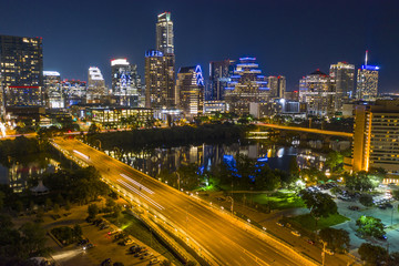 Fototapeta na wymiar Downtown Austin Texas Skyline Night Long Exposure Aerial Photo
