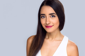 Hispanic female with beautiful flawless perfect olive skin