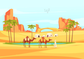 Fototapeta na wymiar Desert Oasis Camels Composition
