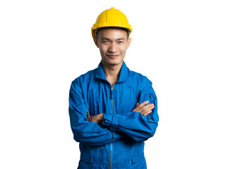 Headshot Asian engineer young man smile in blue suit.