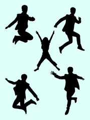 People jumping silhouette 01. Good use for symbol, logo, web icon, mascot, sign, or any design you want.