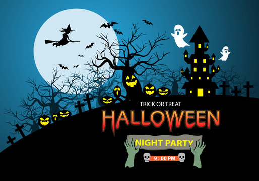 Happy Halloween night party holiday celebration festival poster design on blue moon vector illustration.