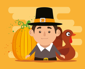 thanks giving card with turkey and pilgrim