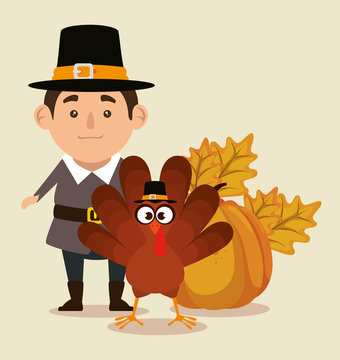 thanks giving card with turkey and pilgrim