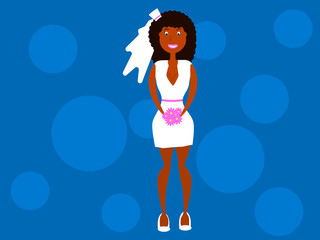 African-American woman in a short wedding dress with a veil. Flat style. Vector illustration