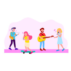 Illustration People Listening Music, Singing And Playing Guitar, Musicians, Flat Vector Cartoon