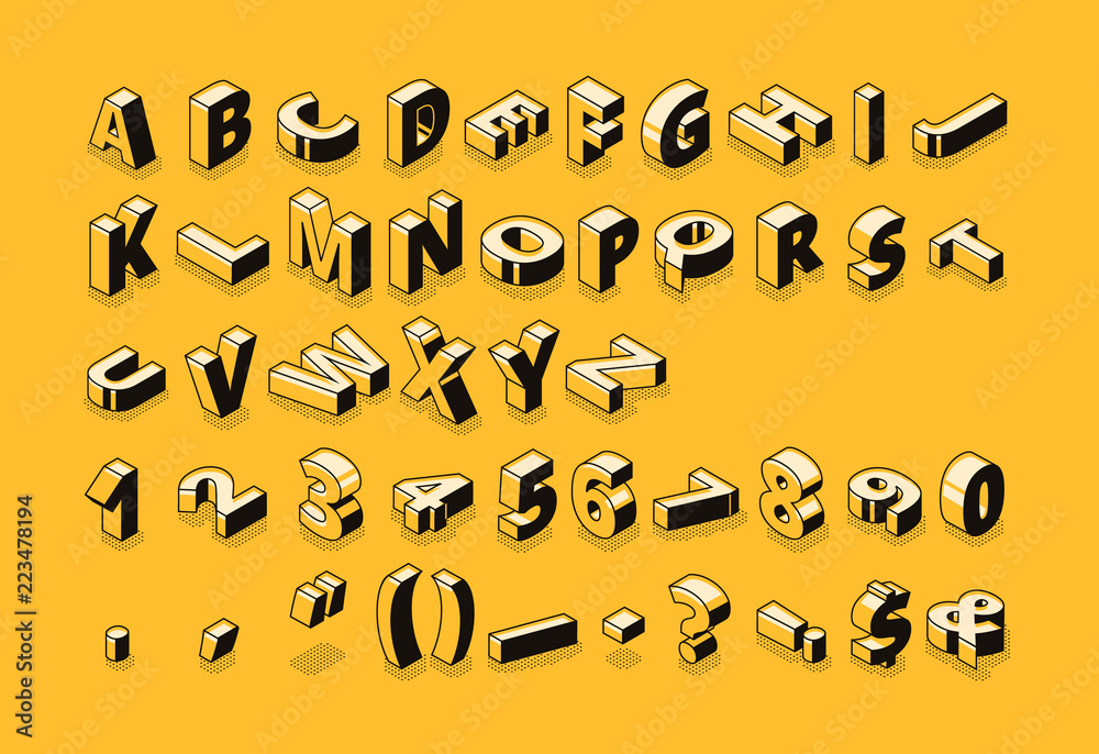 Fototapete isometric letters halftone font vector illustration of thin line cartoon abstract alphabet typograph