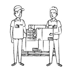 delivery workers with pile boxes and checklist