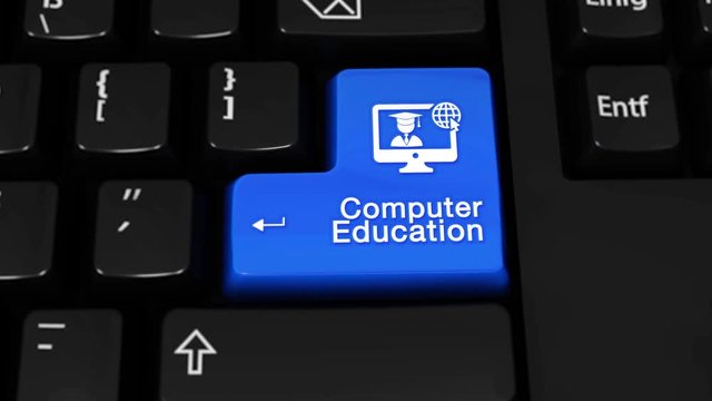 173. Computer Education Rotation Motion On Blue Enter Button On Modern Computer Keyboard with Text and icon Labeled. Selected Focus Key is Pressing Animation. Online Education Concept