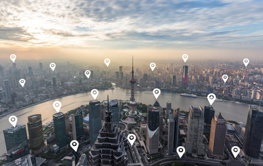 Shanghai City Scenery and Satellite Positioning