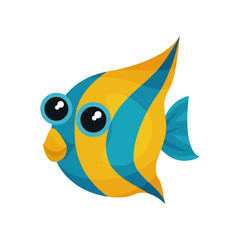 Funny blue-yellow fish with big shiny eyes. Sea animal. Cute marine creature. Flat vector element for children book