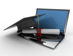 graduation cap with diploma. e-learning concept