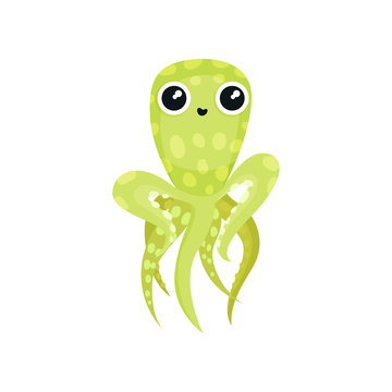 Lovely green octopus with long tentacles. Marine animal with big shiny eyes. Sea creature. Flat vector icon