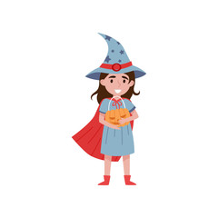 Cute little girl dressed as a witch holding basket made of pumpkin vector Illustration on a white background
